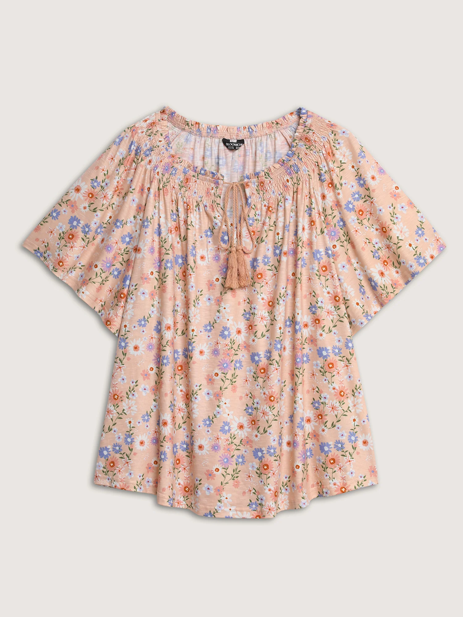 Sweet Floral Print Shirred Drawstring Neckline Top - Image 7