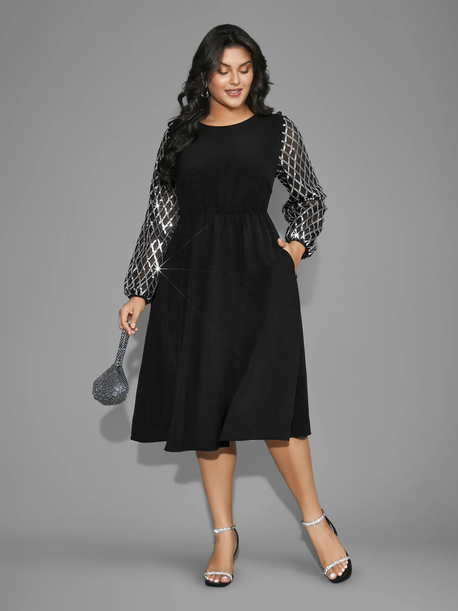 Texture Sequin Mesh Patchwork Midi Dress - Image 4