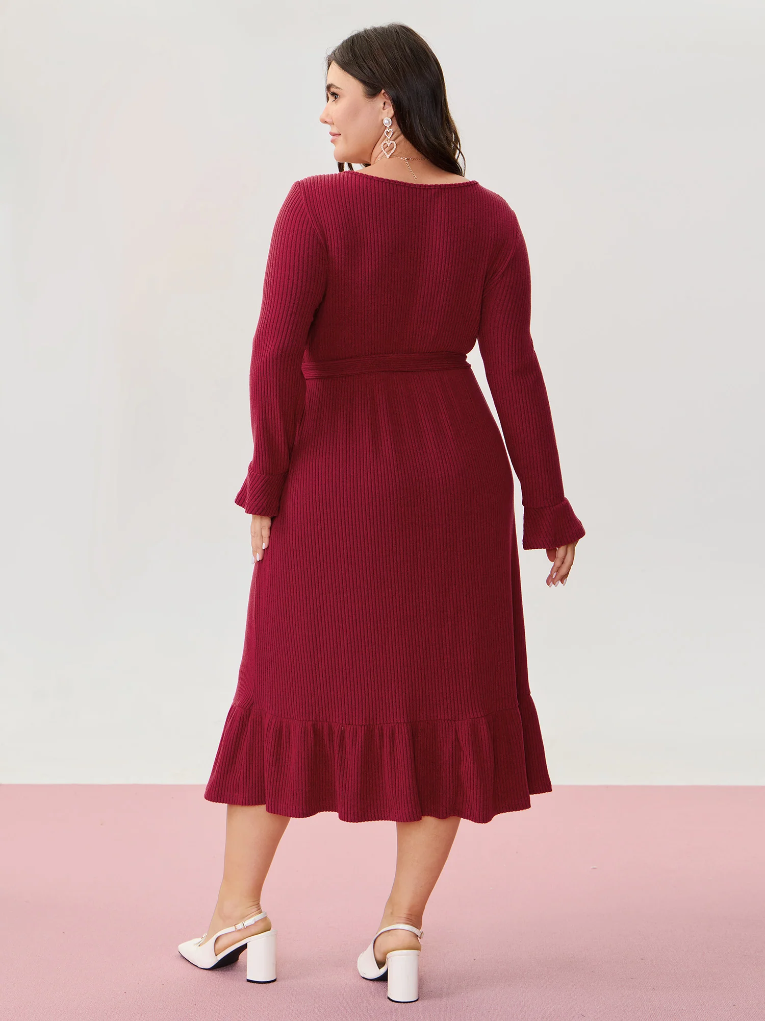 Textured Belted Waist Button Midi Dress - Image 5