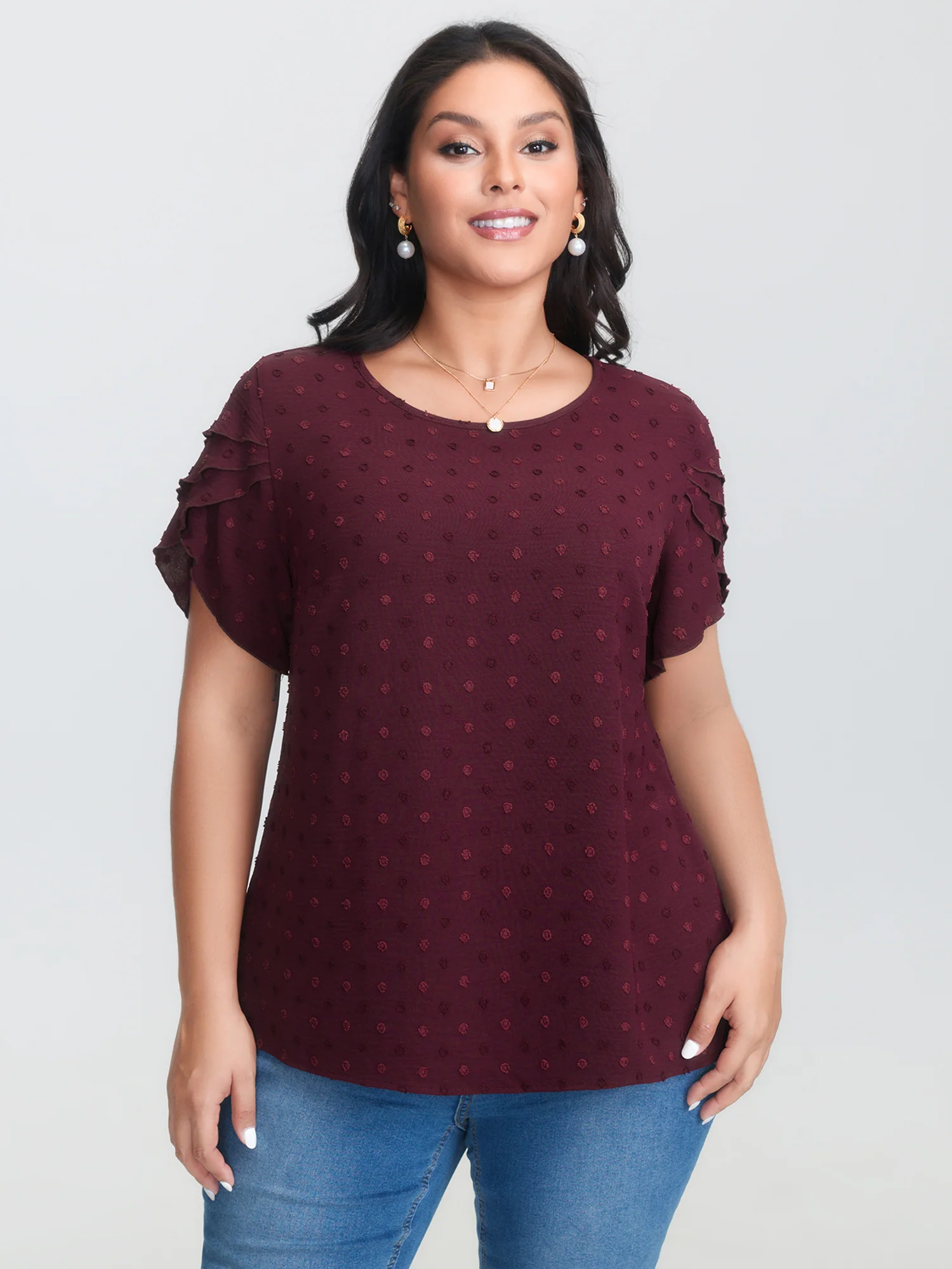 Textured Color Contrast Petal Sleeve Blouse - Image 10