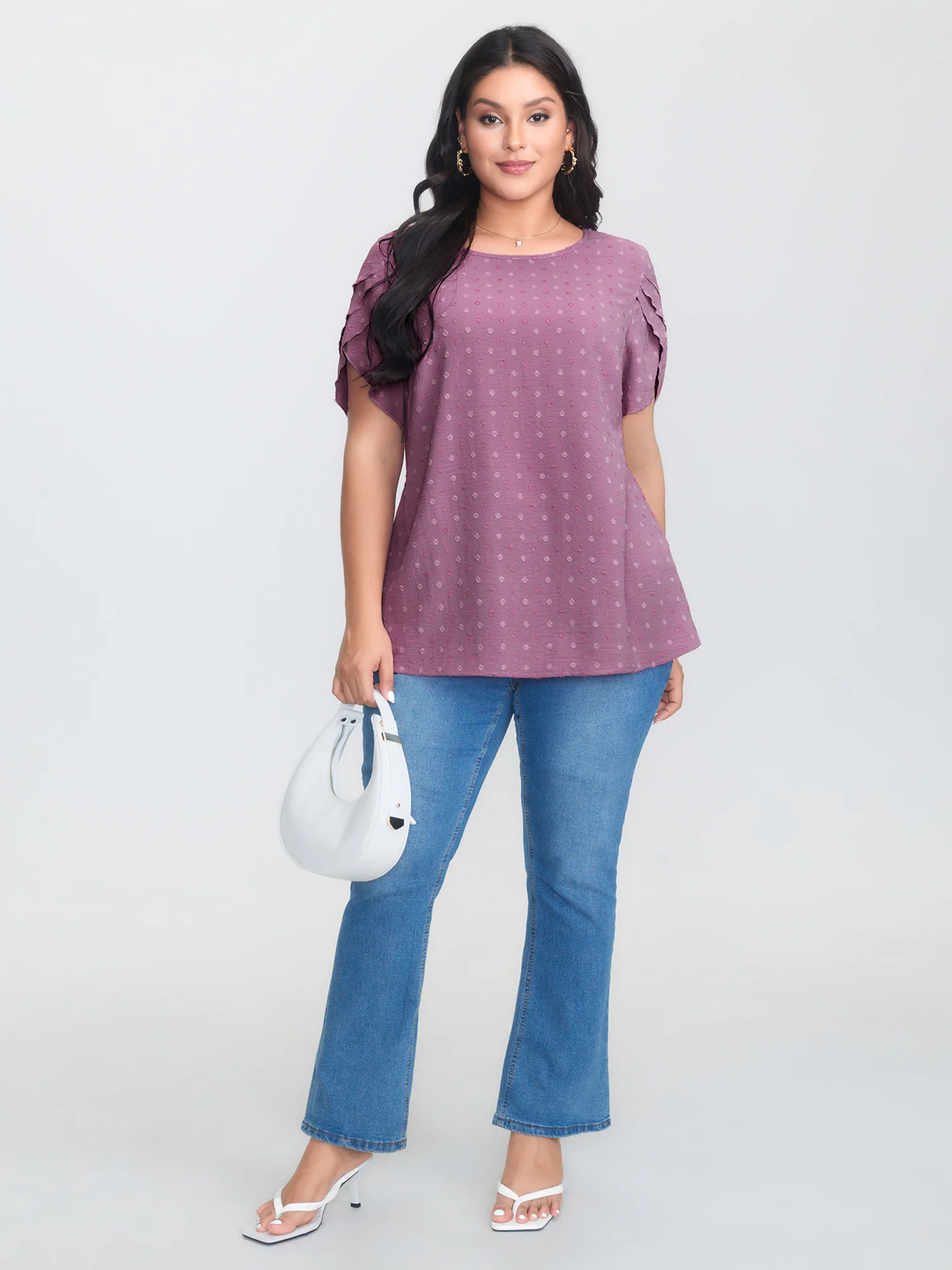 Textured Color Contrast Petal Sleeve Blouse - Image 3