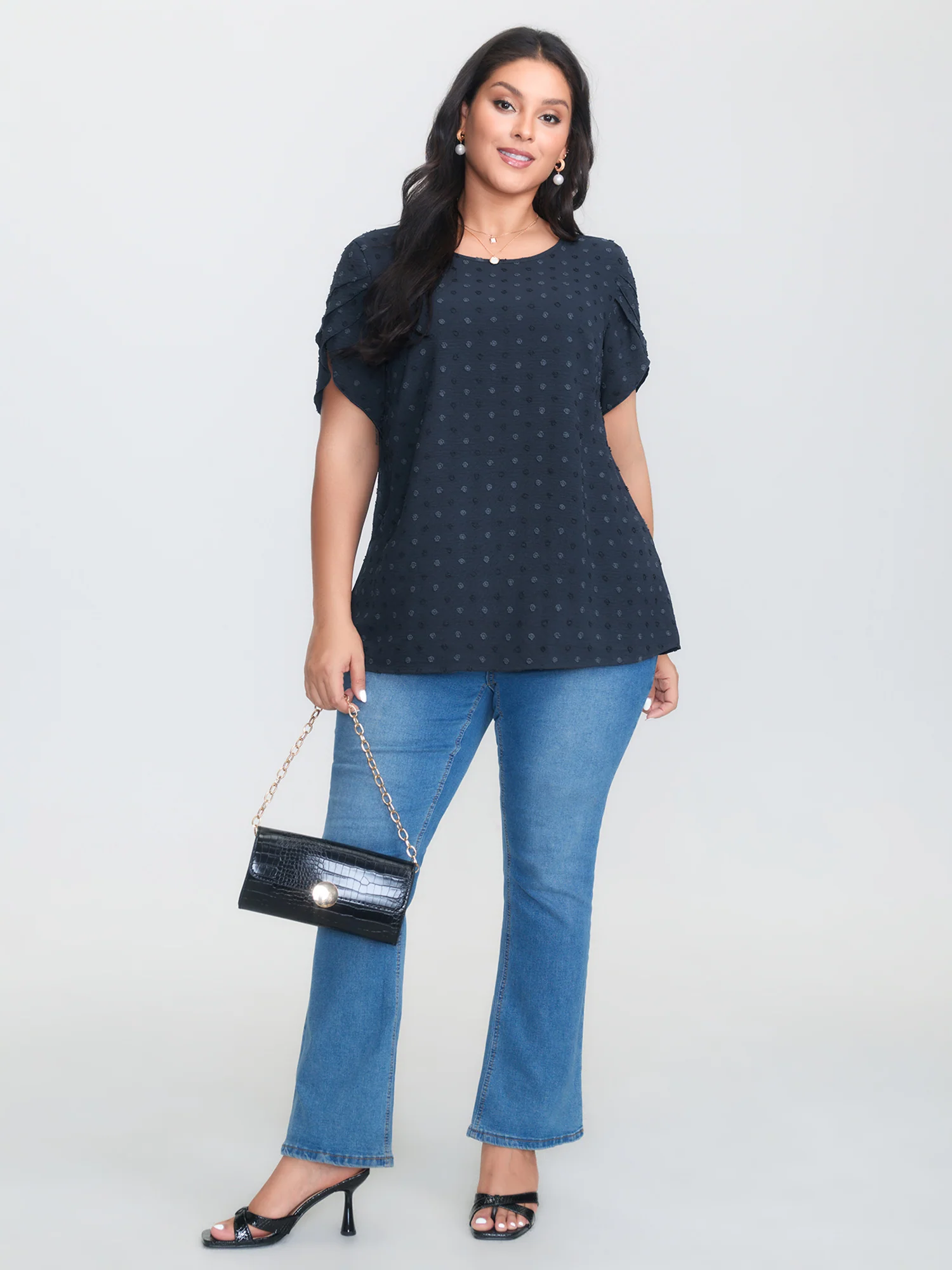 Textured Color Contrast Petal Sleeve Blouse - Image 7