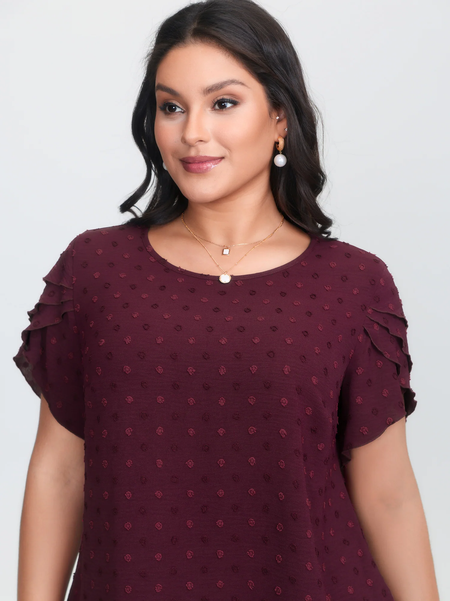 Textured Color Contrast Petal Sleeve Blouse - Image 9