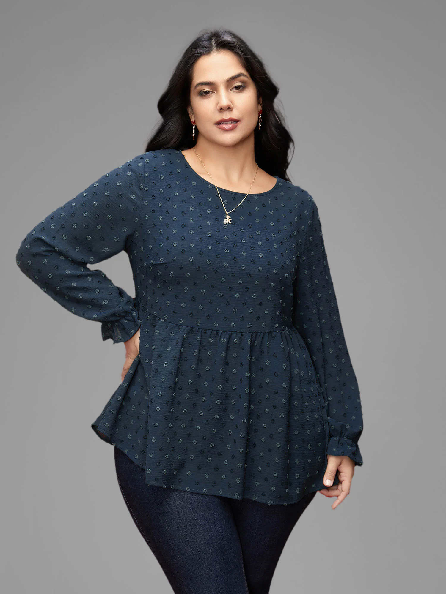 Textured Dot Elastic Cuffs A-line Blouse - Image 4