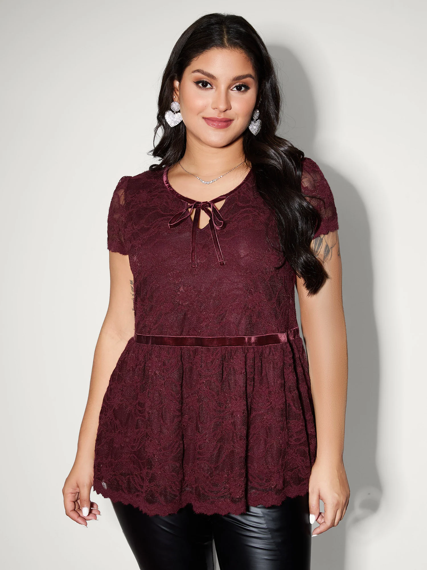 Textured Neck-Tie Cinched-Flared Blouse - Image 3