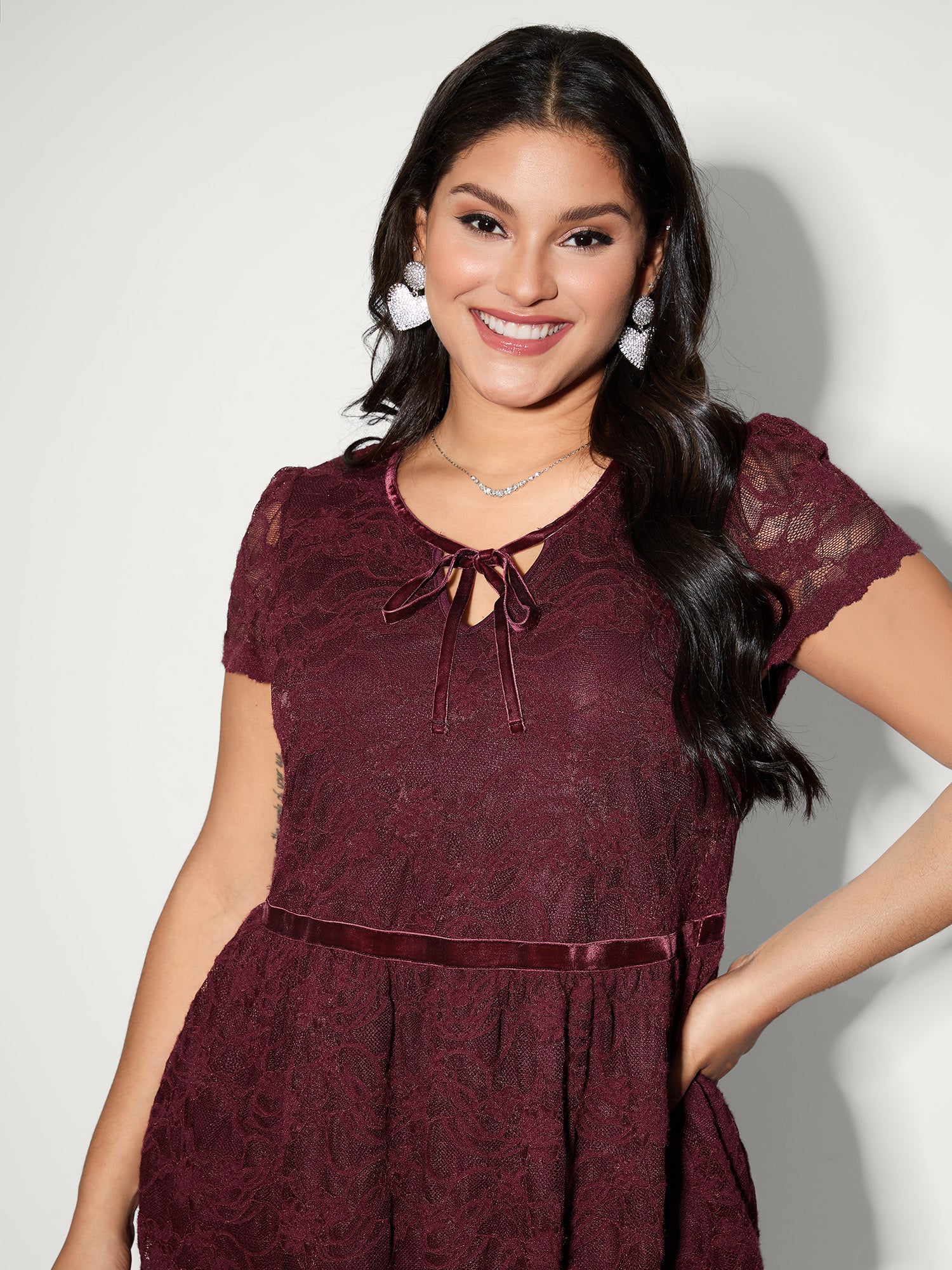 Textured Neck-Tie Cinched-Flared Blouse - Image 4