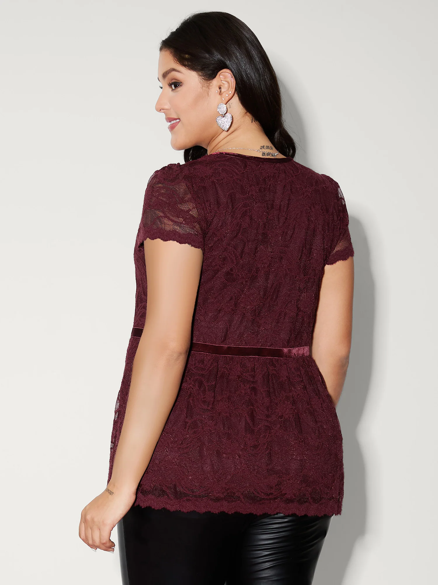Textured Neck-Tie Cinched-Flared Blouse - Image 5