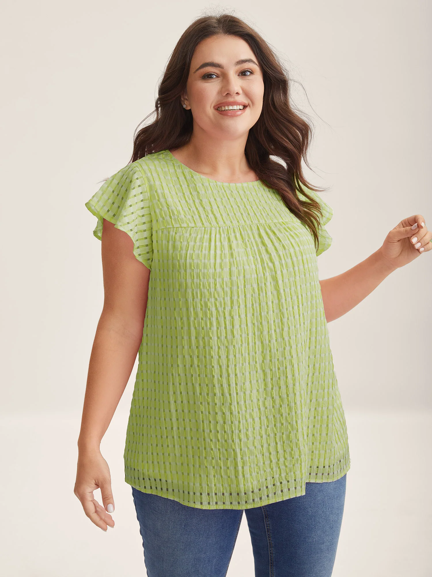 Textured Sheer Lined Flutter Sleeve Blouse - Image 8