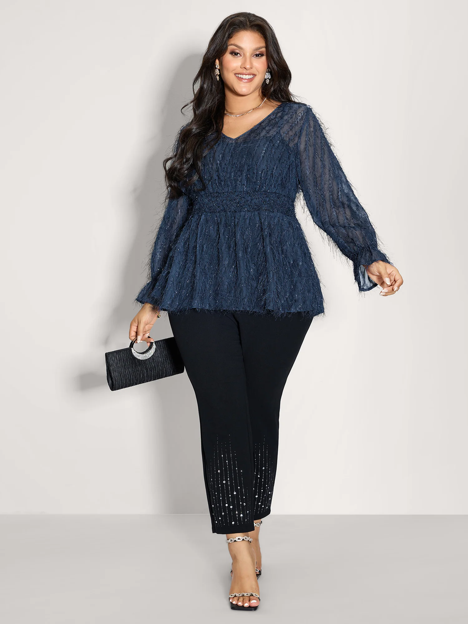 Textured Shirred Waist Sheer Blouse - Image 3
