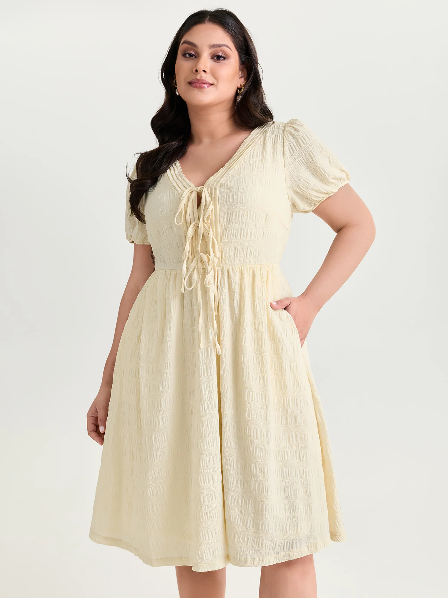 Textured Triple Front Tie Midi Dress