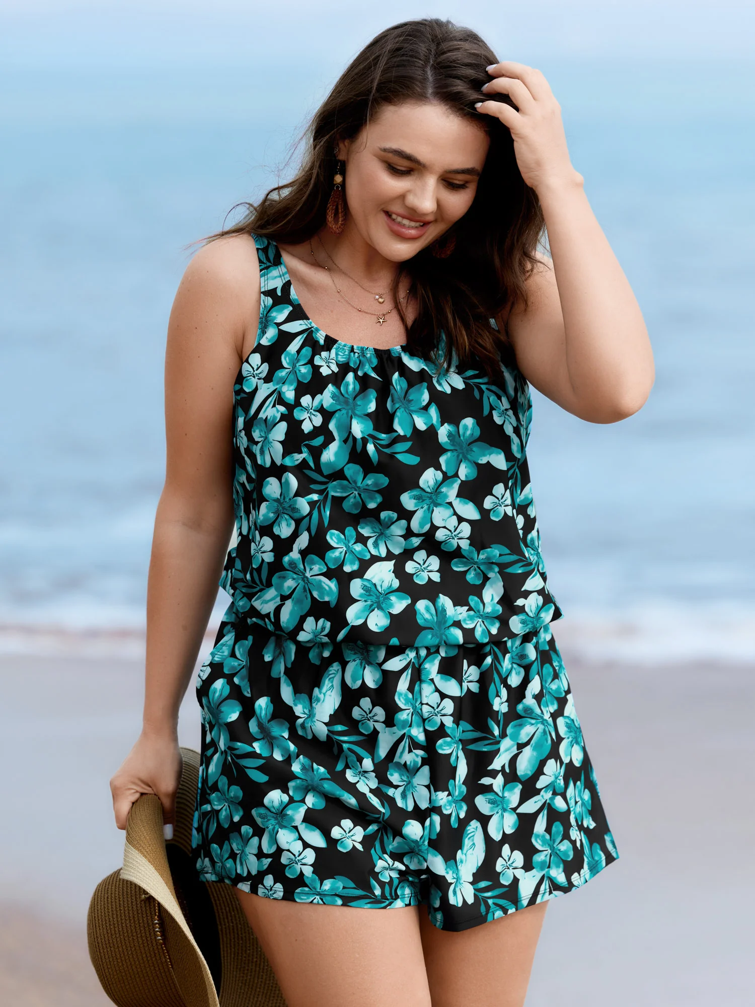 Tropical Flower Print Pockets One-Piece Swimsuit - Image 10