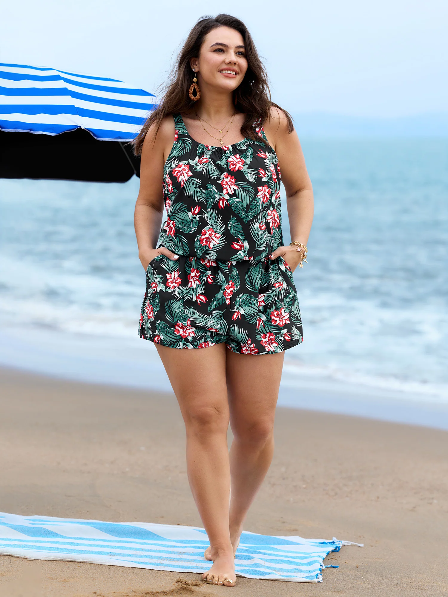 Tropical Flower Print Pockets One-Piece Swimsuit - Image 101