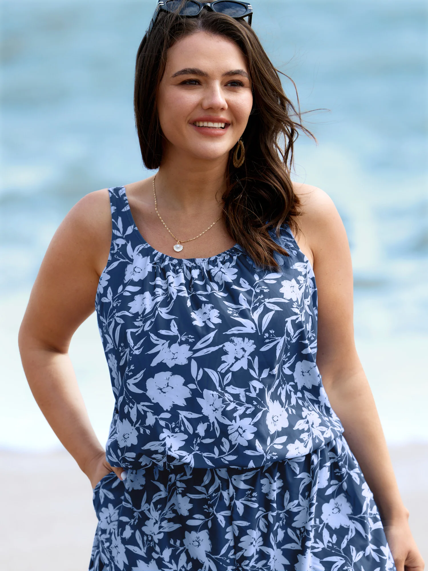Tropical Flower Print Pockets One-Piece Swimsuit - Image 3