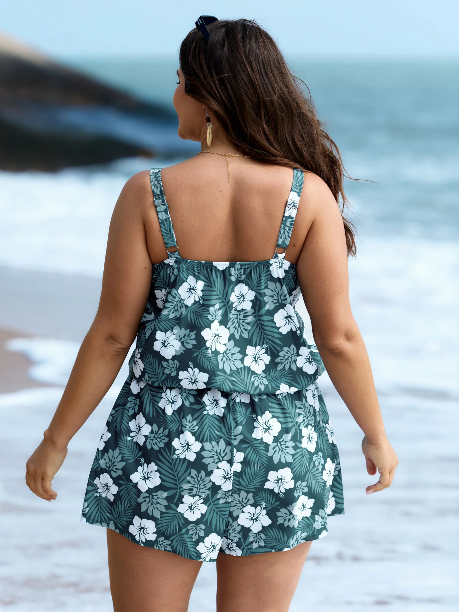 Tropical Flower Print Pockets One-Piece Swimsuit - Image 50