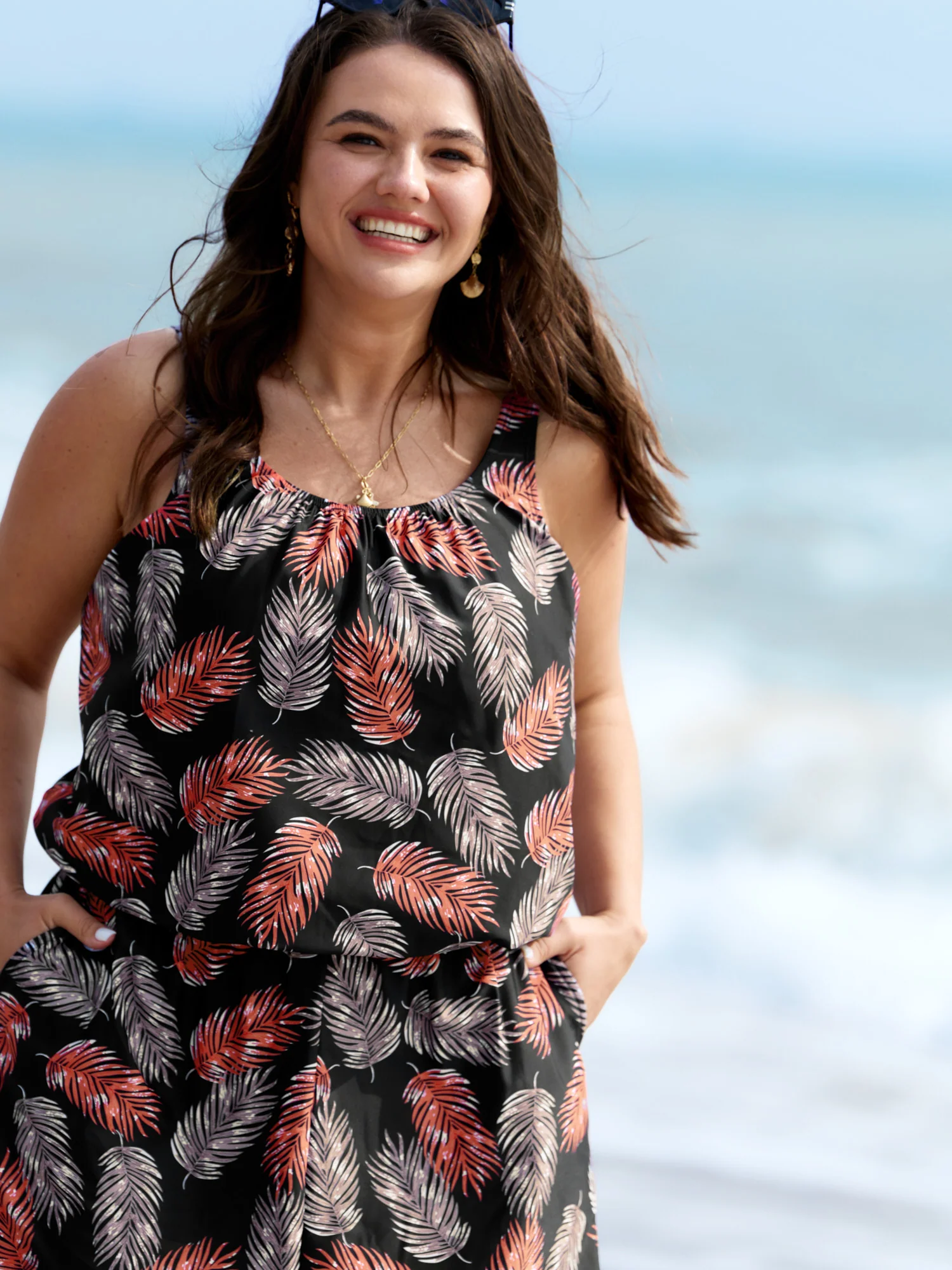 Tropical Flower Print Pockets One-Piece Swimsuit - Image 64