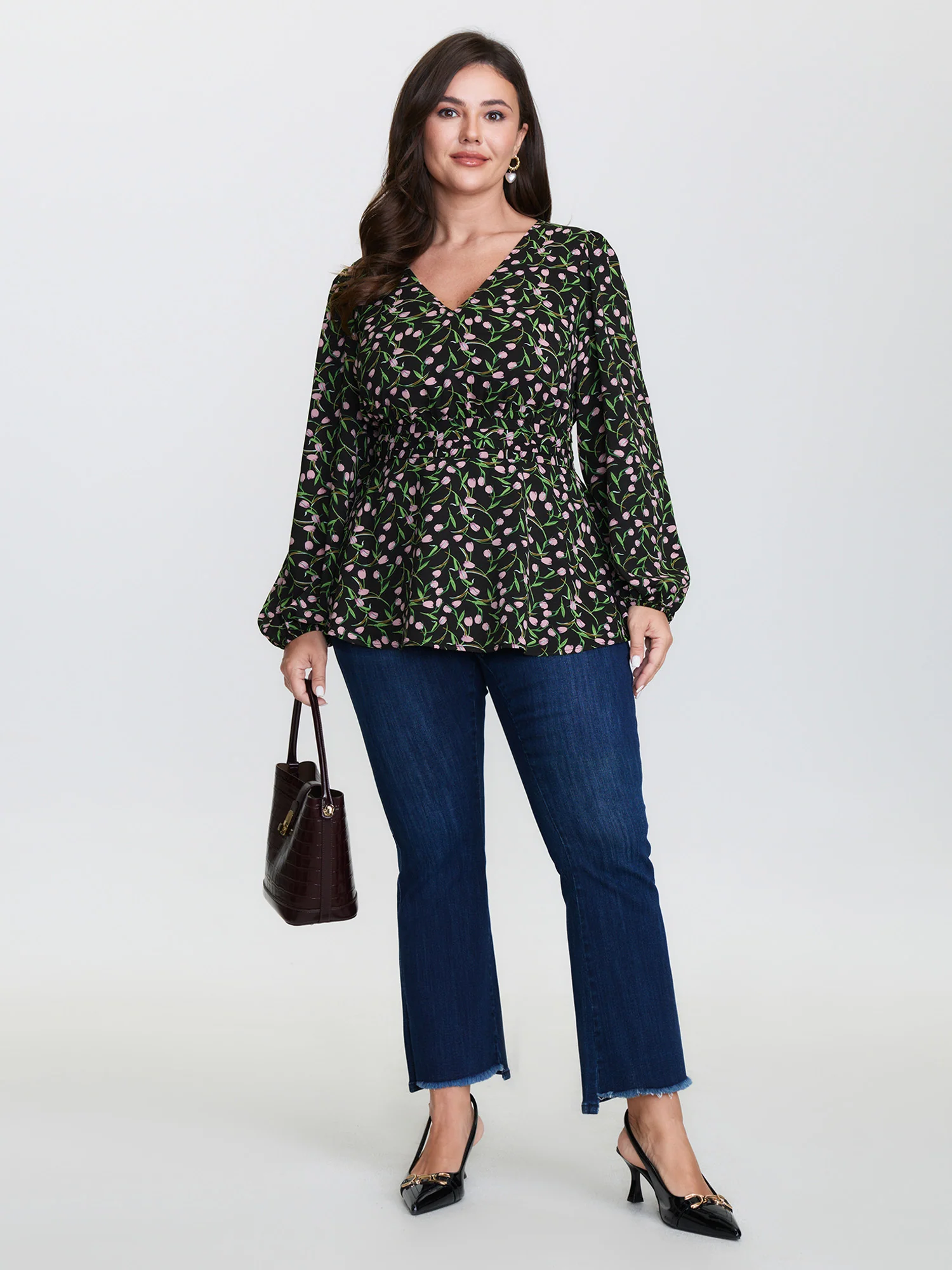 Tulip Print Cinched Flared Blouse - Image 3