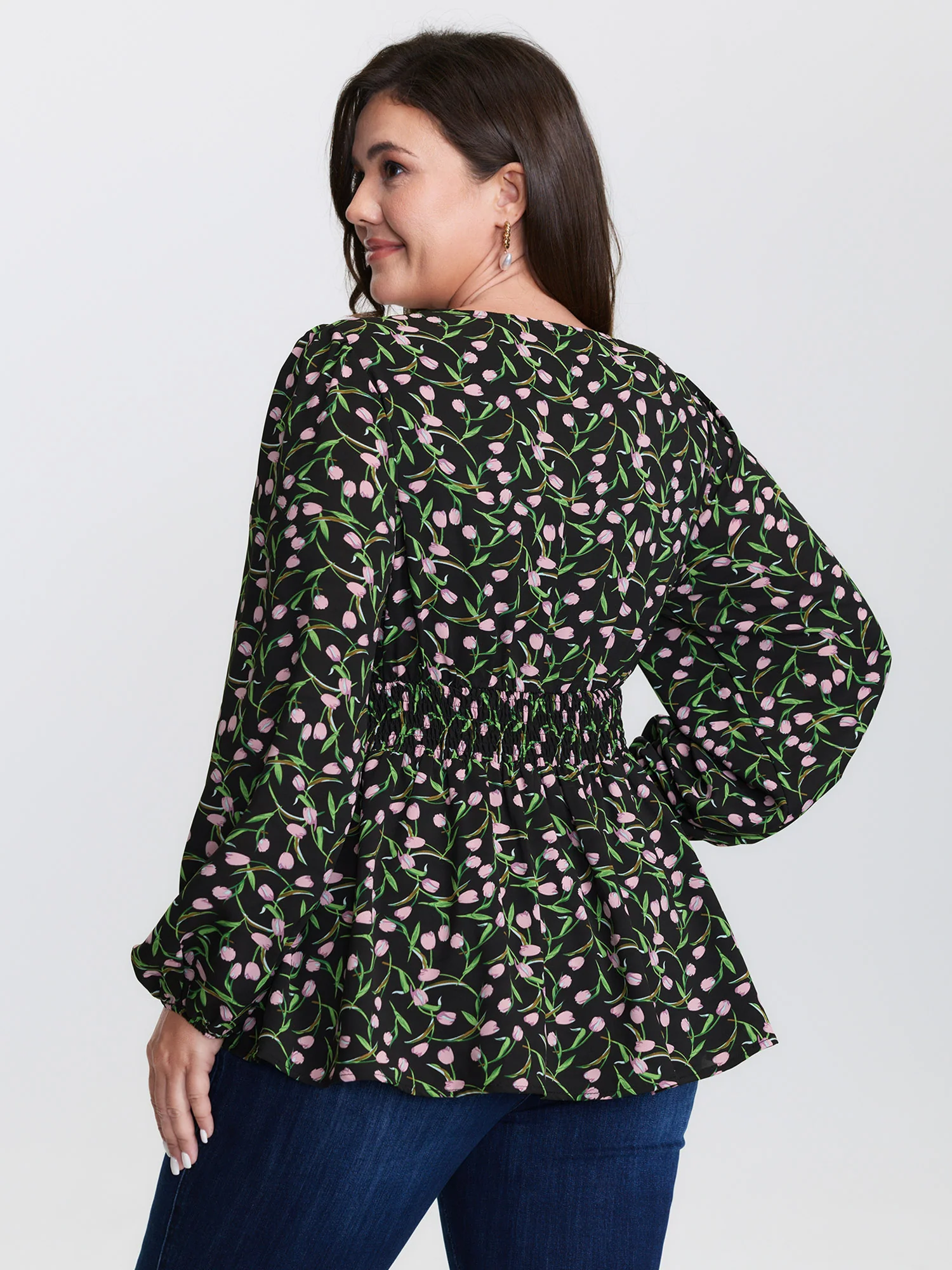 Tulip Print Cinched Flared Blouse - Image 4