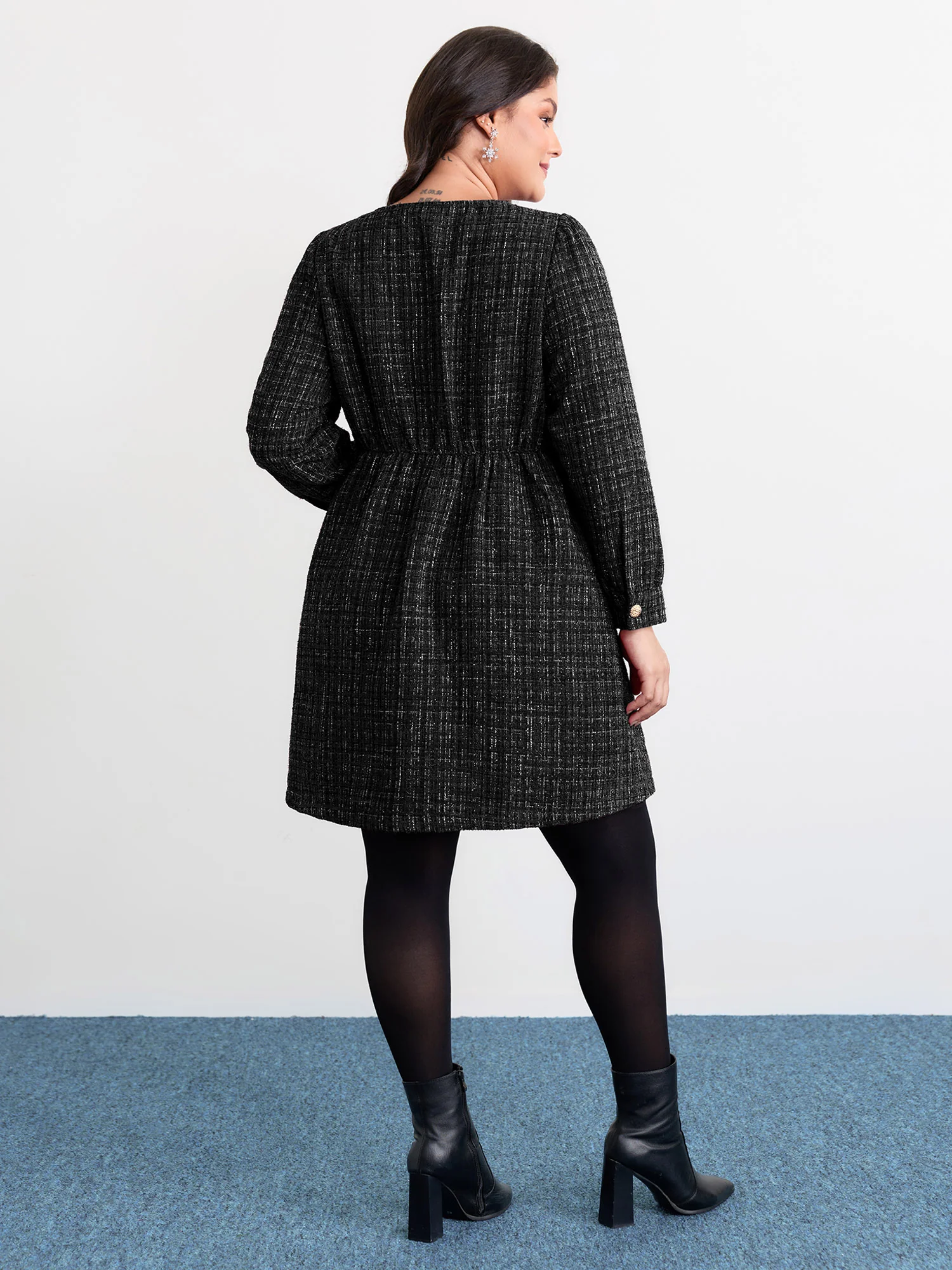 Tweed Metal Button Stretchy Waist Knee Dress - Image 13