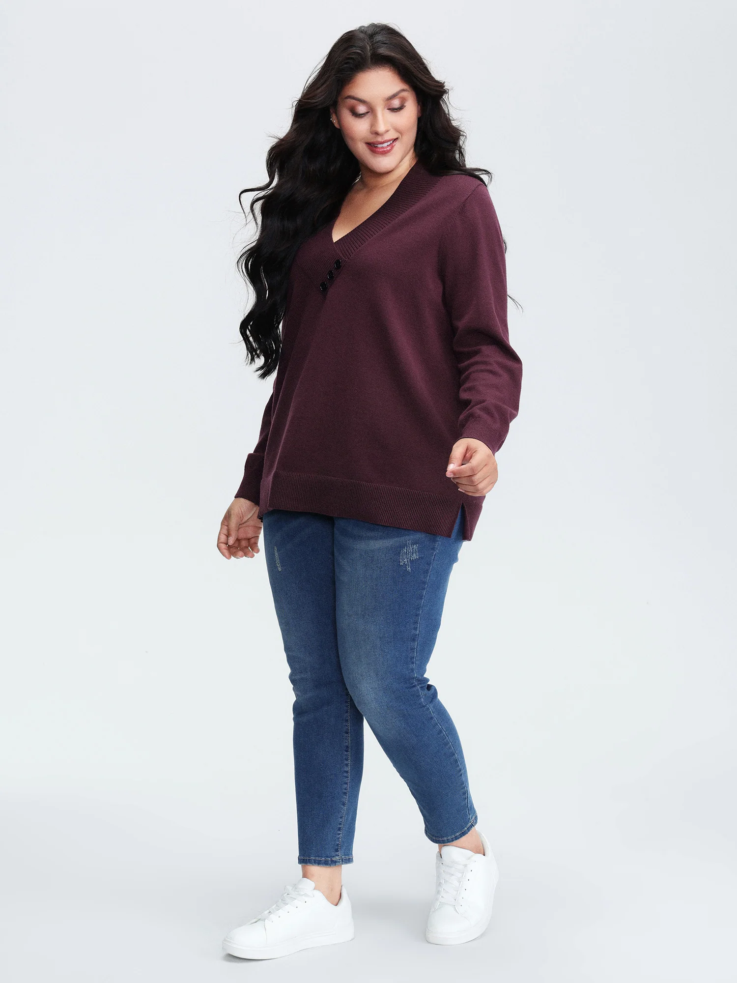 V-Neck Button Detail Plain Pullover - Image 3