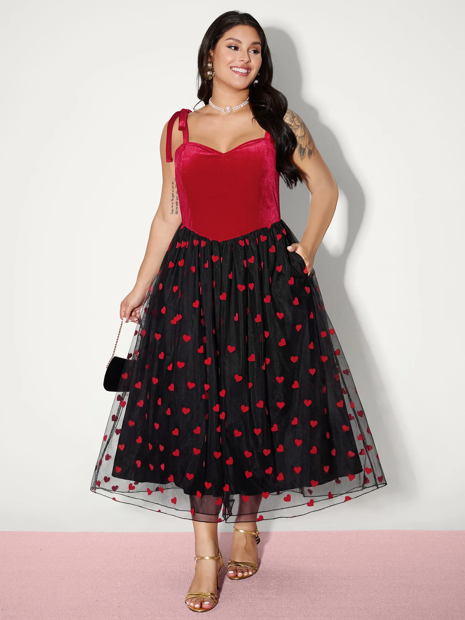 Velvet Heart Shaped Flocked Shoulder-Tie Maxi Dress