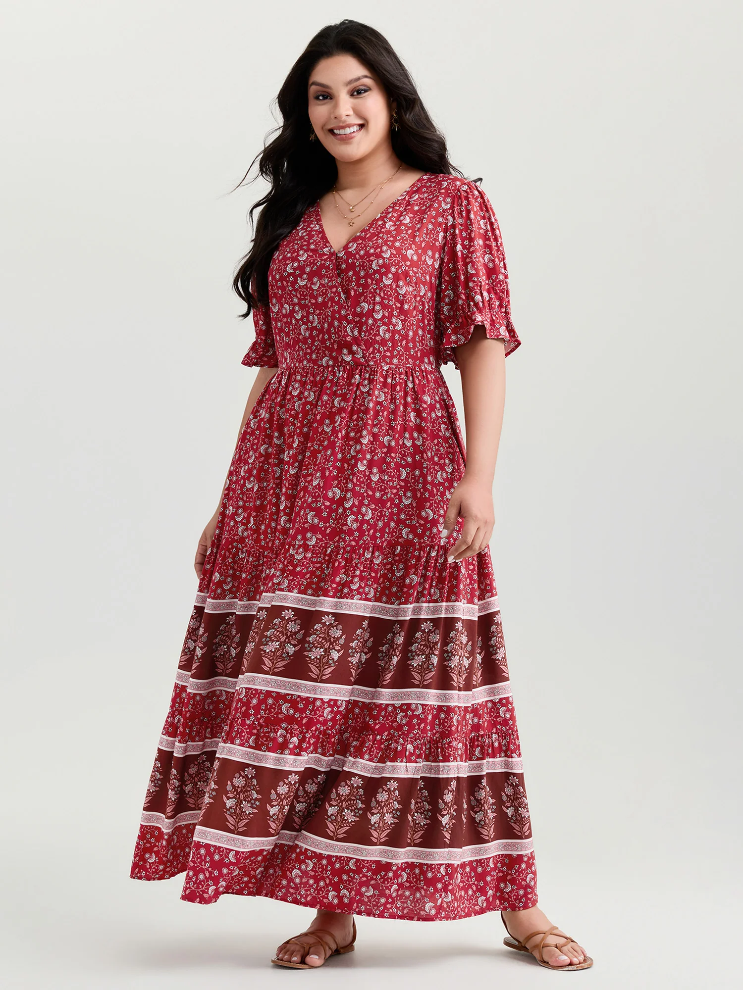 Vibrant Floral Print Color Contrast Maxi Dress - Image 3