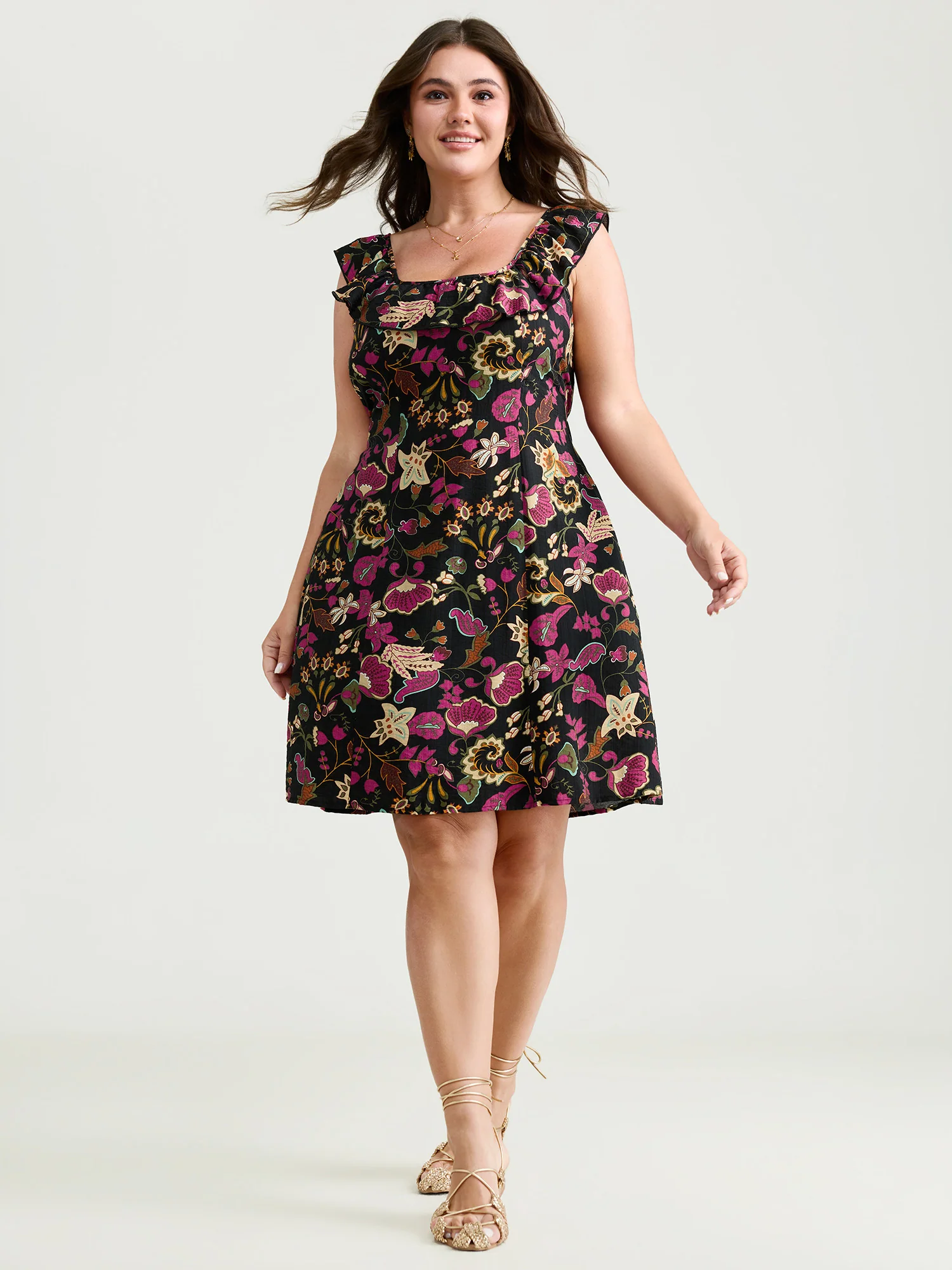 Vibrant Floral Print Ruffled Neckline Mini Dress - Image 3