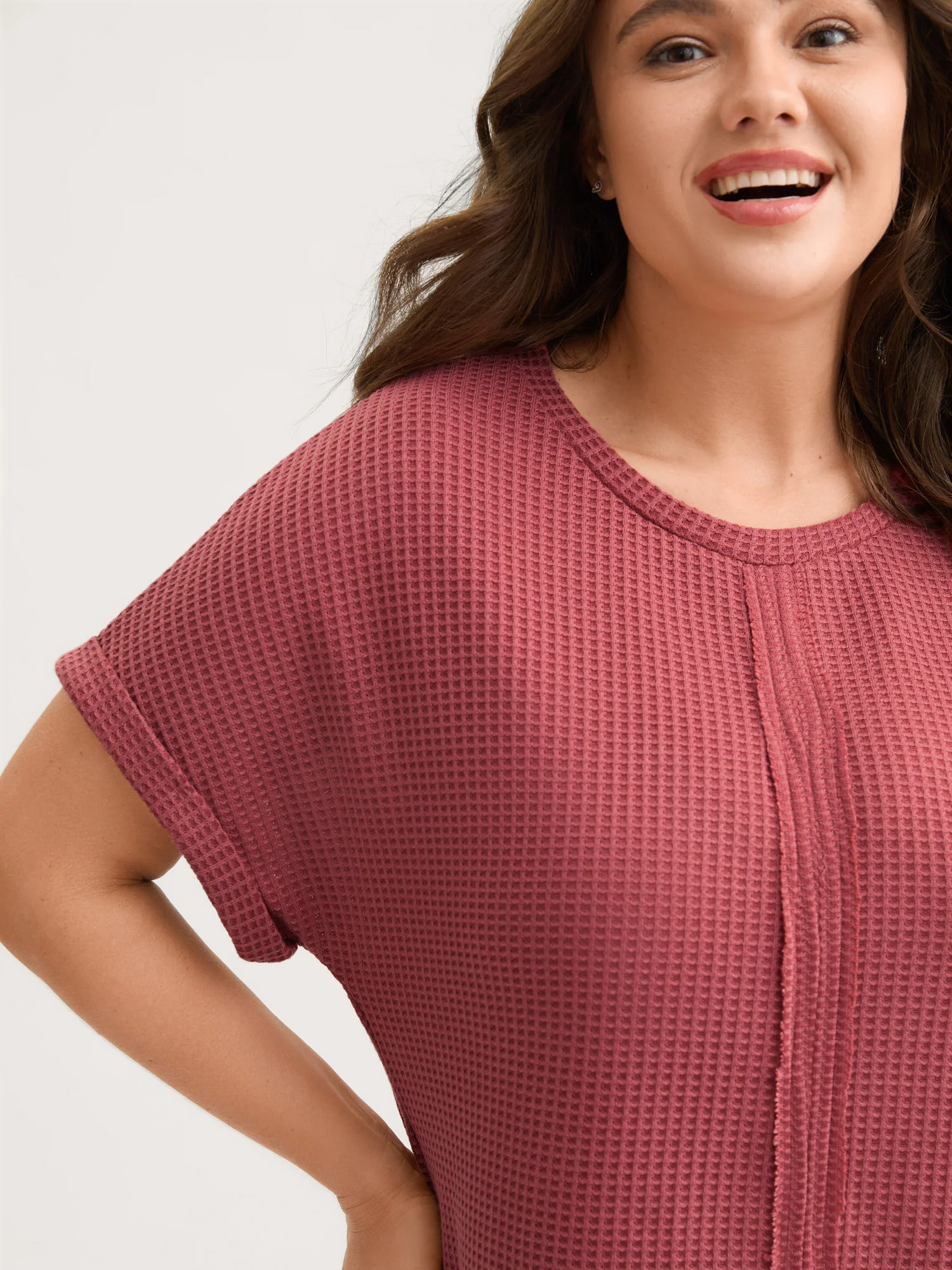 Waffle Seamed Front Solid T-Shirt - Image 2
