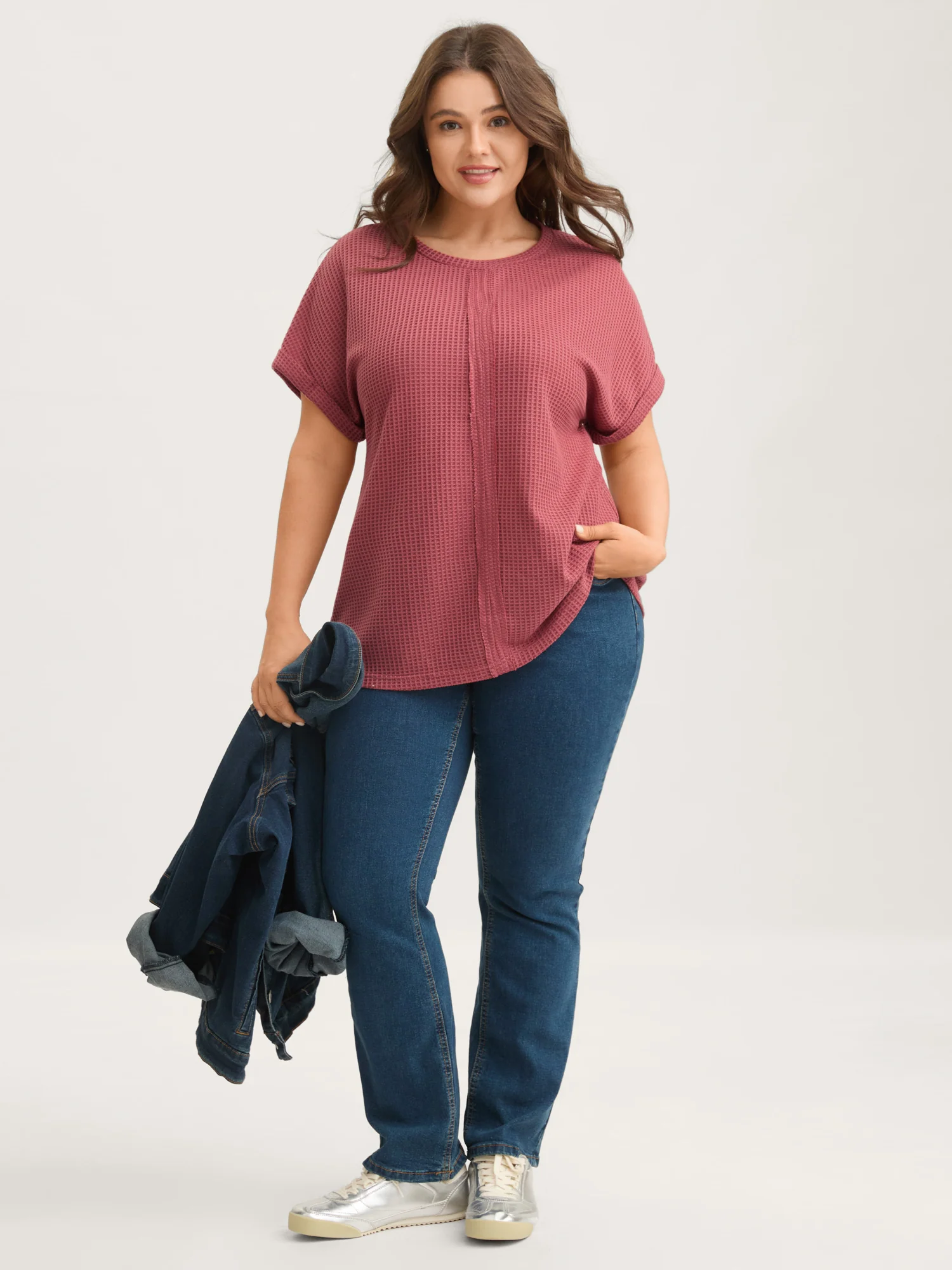 Waffle Seamed Front Solid T-Shirt - Image 3
