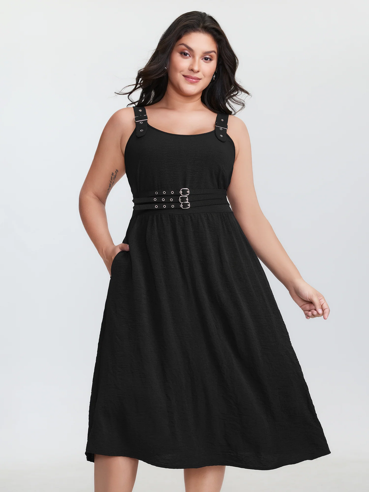 Wide Straps Belted Buckle Detail Midi Dress